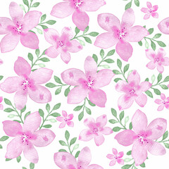 Seamless pattern with pink
flowers on white background,
watercolor