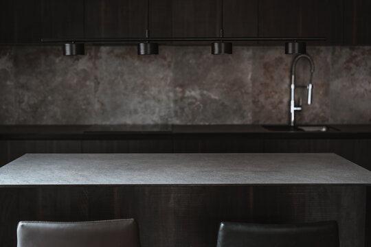 Dark grey kitchen design - detail of interior. Interior lighting plan.