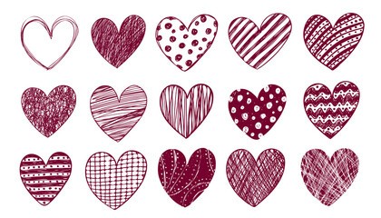 Vector illustration. St. Valentine's Day. A set of hand-drawn strokes hearts on white background.
