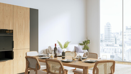 Modern stylish kitchen interior, room with wooden floor, table and sofa. 3D rendering