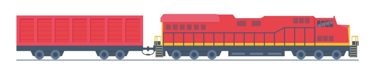 Freight train. Railway locomotive and wagon , transportation cargo. Cargo train. Modern freight traffic vector flat illustration. © Alena