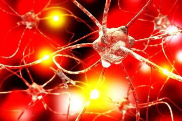 Neuron close-up, the work of the neural network, the signal in the neural network, the work of the brain, 3D rendering