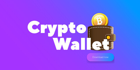 Cryptocurrency wallet concept illustration with wallet and crypto coins isolated on violet background. Crypto wallet landing page and poster design template. Crypto wallet for bitcon, solana, ethereum
