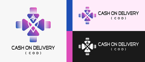 cash on delivery logo design template with arrow, pin and currency icon elements in creative concept. premium logo illustration vector