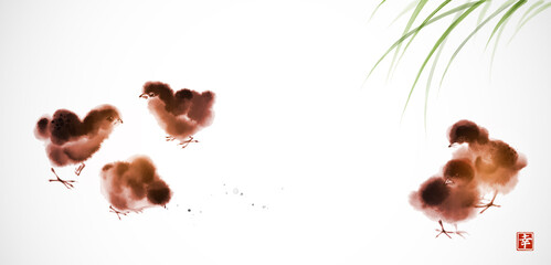 Little fluffy chicks in green grass. Traditional oriental ink painting sumi-e, u-sin, go-hua. Hieroglyph - happiness. © elinacious