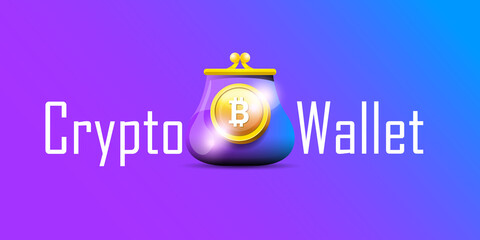 Cryptocurrency wallet concept illustration with wallet and crypto coins isolated on violet background. Crypto wallet landing page and poster design template. Crypto wallet for bitcon, solana, ethereum