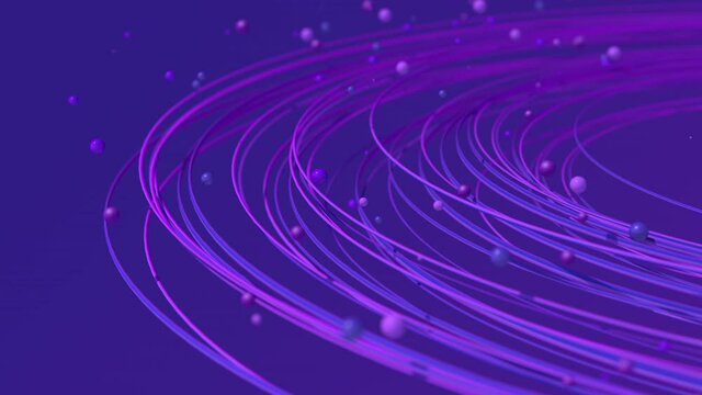Blue and purple particles and circles. Abstract animation, 3d render, close-up.