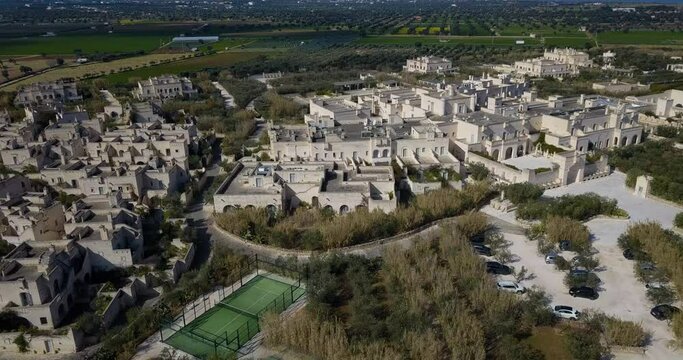 Aerial view of Borgo Egnazia touristic village near Fasano, Province of Brindisi, in Italy