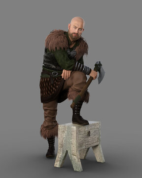 Medieval Viking warrior man standing with one foot resting on a stool and with a bearded axe in his hand. 3D rendering isolated on grey background.