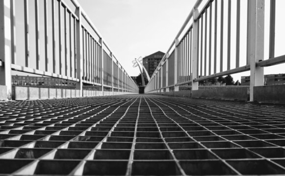 Metal bridge, lines, abstrackt construction, black and white image 