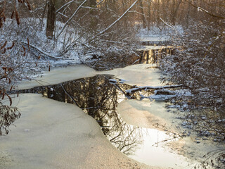 Frozen river in the park.