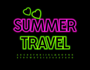 Vector seasonal emblem Summer Travel with decorative Hearts. Neon glowing Font. Green illuminated Alphabet Letters and Numbers set