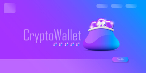 Cryptocurrency wallet concept illustration with wallet and crypto coins isolated on violet background. Crypto wallet landing page and poster design template. Crypto wallet for bitcon, solana, ethereum