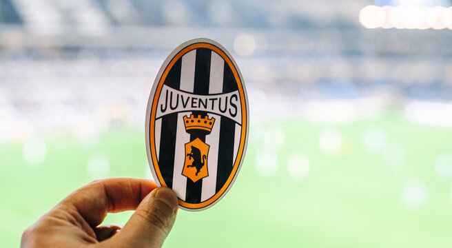 August 30, 2021, Turin, Italy. The emblem of the football club Juventus on the background of the modern stadium.