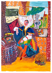 Gouache drawing of a noblewoman sitting by the window. A noblewoman in old European clothes. Full-length portrait. There is an ancient environment around. On paper. Painting.
