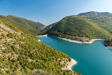 Fototapeta na wymiar Aerial view of lake Fiastra in Sibillini mountains (Marche, Italy)