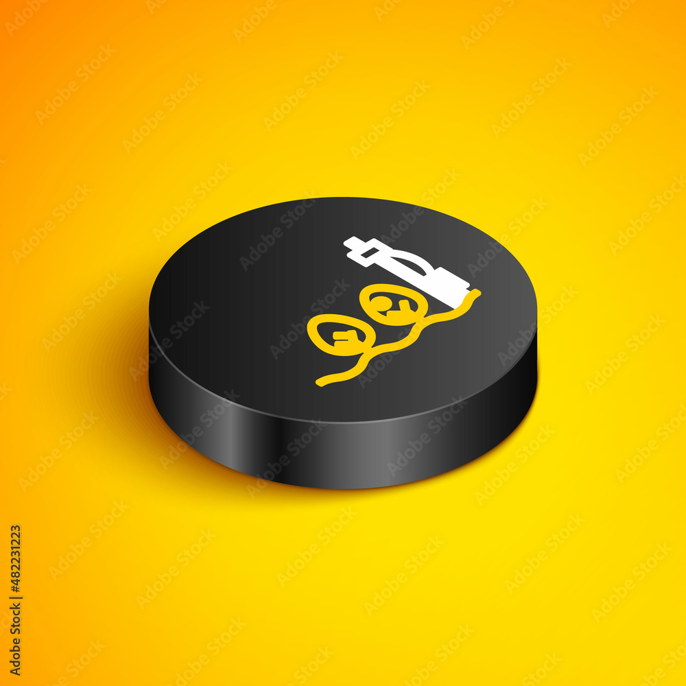 Poster isometric line standalone sensor and plant icon isolated on yellow background. black circle button. 
