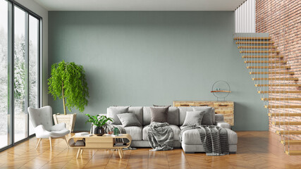 Modern stylish interior of the living room, a room with a staircase, wooden floor and a large window. 3D rendering
