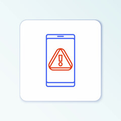 Line Mobile phone with exclamation mark icon isolated on white background. Alert message smartphone notification. Colorful outline concept. Vector