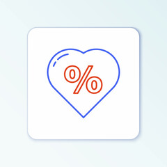 Line Discount percent tag in heart icon isolated on white background. Shopping tag sign. Special offer sign. Discount coupons symbol. Colorful outline concept. Vector