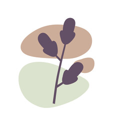 Plant on background of colored spots. Grey botanical branch and brown and gray geometric abstract pattern in a minimalist style. Doodle object