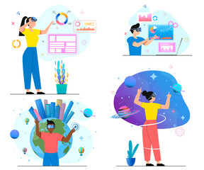 People in virtual reality. Education, gaming in augmented in vr, digital 3d glasses. Metaverse, virtual world concept. Simulation of space, planet, diagrams. Cartoon style. Vector illustration © GN.STUDIO