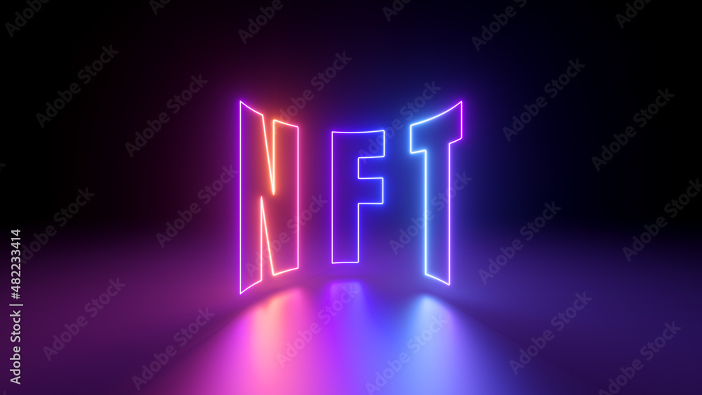 Poster 3d render, background with nft letters glowing with ultraviolet light, floor reflection, abstract vi