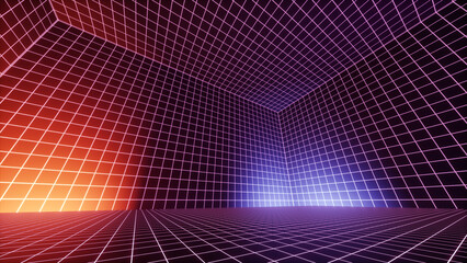 3d render, abstract geometric background, cyber space with grid inside the virtual reality, empty room glowing with red violet neon light