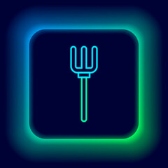 Glowing neon line Garden pitchfork icon isolated on black background. Garden fork sign. Tool for horticulture, agriculture, farming. Colorful outline concept. Vector