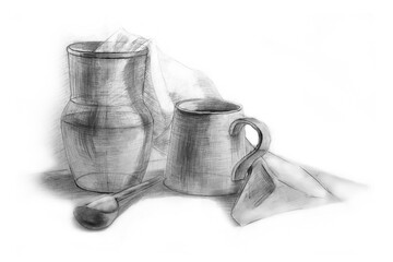 Drawing of a clay Slavic jug, a mug with a handle, a wooden spoon on a building on the table. Material is hanging from the jug. Drawing with a graphic pencil. Drawing on paper