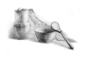 Drawing of a clay Slavic jug, a bowl with a wooden spoon on a building on the table. Material is hanging from the jug. Drawing with a graphic pencil. Drawing on paper
