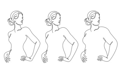 Collection. Silhouette of a figure of a beautiful woman in a modern one-line continuous line style. The girl is thin, slender, and the woman is fat. The lady is standing. Set of vector illustrations.