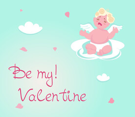 Cute baby Cupid isolated on blue sky background.