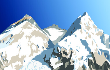 mount Everest, Lhotse and Nuptse from Nepal side as seen from Pumori base camp, vector illustration, Mt Everest 8,848 m, Khumbu valley, Sagarmatha national park, Nepal Himalayas mountains - obrazy, fototapety, plakaty