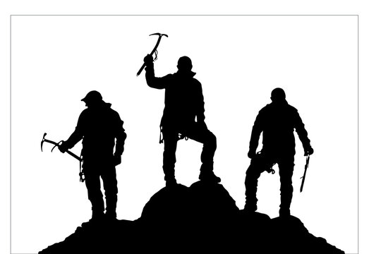 three black climbers with ice axe in hand ont top of Mount on white background, Mountain climbing, vector illustration logo