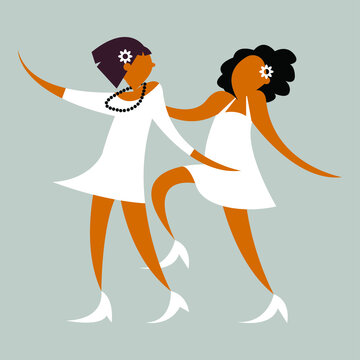 Vector Graphics - Two Cute Lesbians Have Fun Dancing In White Dresses. Concept Lesbian Wedding