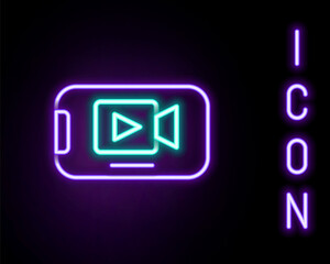 Glowing neon line Online play video icon isolated on black background. Smartphone and film strip with play sign. Colorful outline concept. Vector