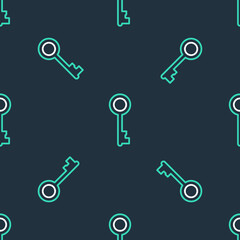 Line Old key icon isolated seamless pattern on black background. Vector