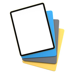 Set of computer tablets with cover case and blank screen isolated on white.