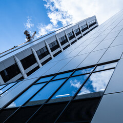 Low angle view of skyscrapers. Looking up perspective. Bottom view of modern skyscrapers in business district - In Leeds