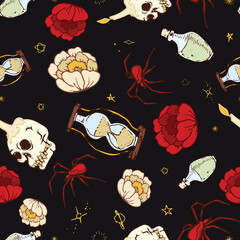 Mystical spooky Halloween seamless repeat pattern of skulls roses spiders and macabre elements. White, red, green, blue, and brown elements on a black backdrop.