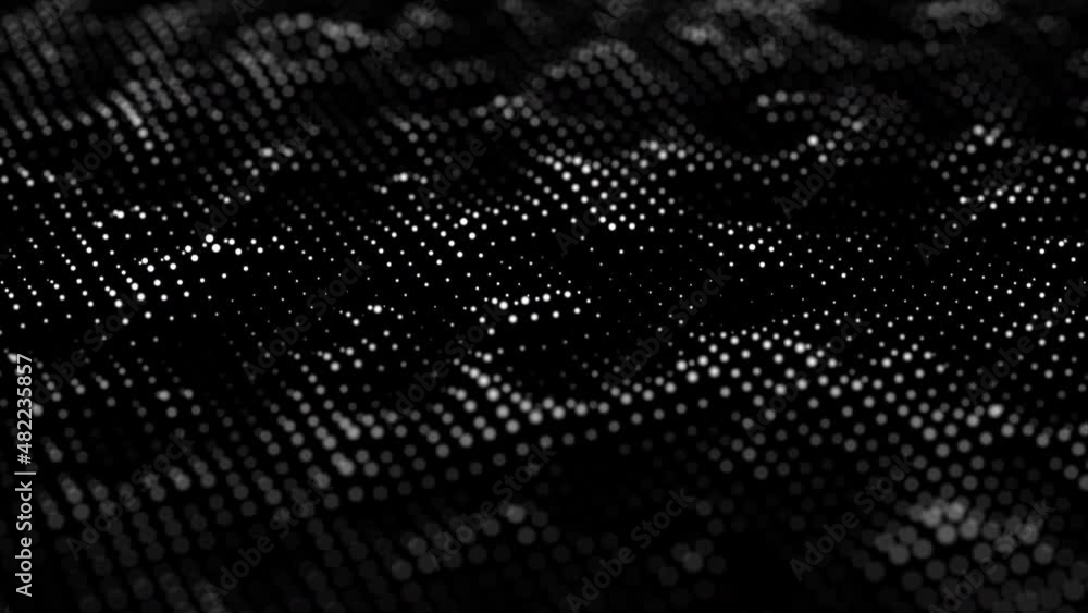 Poster abstract particle grid background in white color with wave motion on black background. looped 4k ani