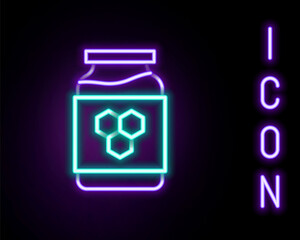 Glowing neon line Jar of honey icon isolated on black background. Food bank. Sweet natural food symbol. Colorful outline concept. Vector