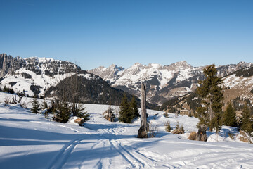 Fototapeta na wymiar Scenic view of snowcapped swiss mountains with blue sky,Jaunpass,Switzerland