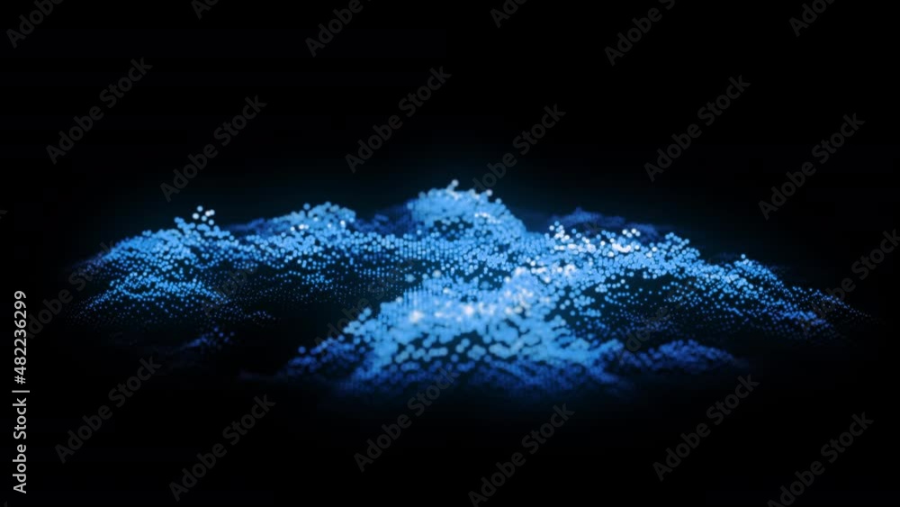 Poster Abstract digital wave of blue particles. Beautiful blue floating, shiny particles on a black background. Loop animation 4K