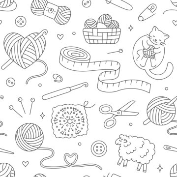 Knitting, crochet seamless pattern. Vector background with doodle illustration - cat playing with wool yarn ball, sheep, hook, skein, measuring tape. Black and white line art about handmade