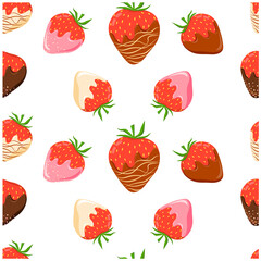 Seamless vector pattern on a transparent background consisting of assorted strawberries in chocolate. Design elements in flat style.