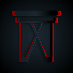 Paper cut Camping portable folding chair icon isolated on black background. Rest and relax equipment. Fishing seat. Paper art style. Vector