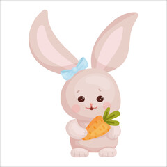 Cute cartoon rabbit with carrots. Vector graphics.