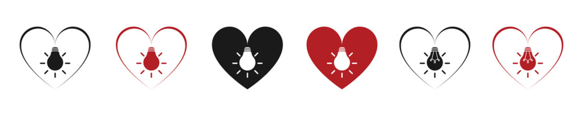 Light bulb, love, heart. Icon set